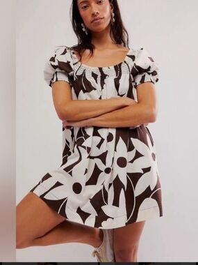 Free People Brown & White Floral Puff Sleeve Mini Dress